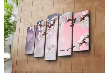 Stort lerretsbilde i 5 deler 105x70 cm - Blomstrende kirsebærgren med hvite blomster - Hvit / Lilla / Rosa - Interiør - Maleri & posters - Lerretsbilder