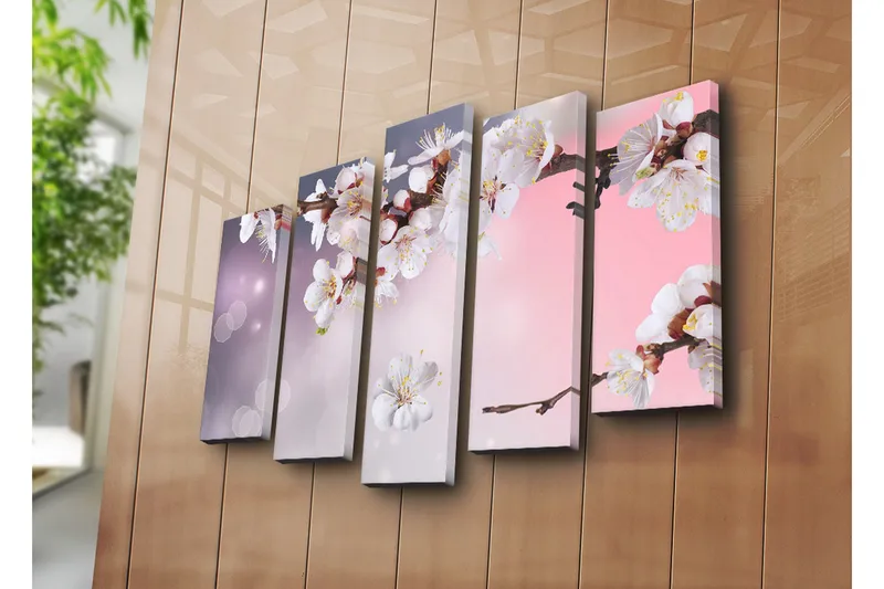 Stort lerretsbilde i 5 deler 105x70 cm - Blomstrende kirsebærgren med hvite blomster - Hvit / Lilla / Rosa - Interiør - Maleri & posters - Lerretsbilder