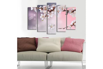 Stort lerretsbilde i 5 deler 105x70 cm - Blomstrende kirsebærgren med hvite blomster - Hvit / Lilla / Rosa - Interiør - Maleri & posters - Lerretsbilder