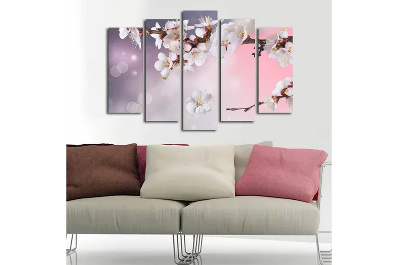 Stort lerretsbilde i 5 deler 105x70 cm - Blomstrende kirsebærgren med hvite blomster - Hvit / Lilla / Rosa - Interiør - Maleri & posters - Lerretsbilder