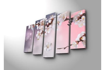 Stort lerretsbilde i 5 deler 105x70 cm - Blomstrende kirsebærgren med hvite blomster - Hvit / Lilla / Rosa - Interiør - Maleri & posters - Lerretsbilder