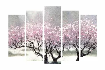 Stort lerretsbilde i 5 deler 105x70 cm - Blomstrende kirsebærtrær i et drømmeaktig landskap - Rosa / Grå / Svart - Interiør - Maleri & posters - Lerretsbilder