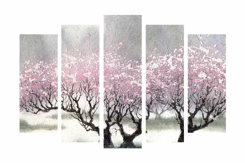 Stort lerretsbilde i 5 deler 105x70 cm - Blomstrende kirsebærtrær i et drømmeaktig landskap - Rosa / Grå / Svart - Interiør - Maleri & posters - Lerretsbilder