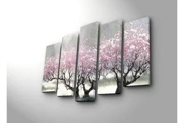 Stort lerretsbilde i 5 deler 105x70 cm - Blomstrende kirsebærtrær i et drømmeaktig landskap - Rosa / Grå / Svart - Interiør - Maleri & posters - Lerretsbilder