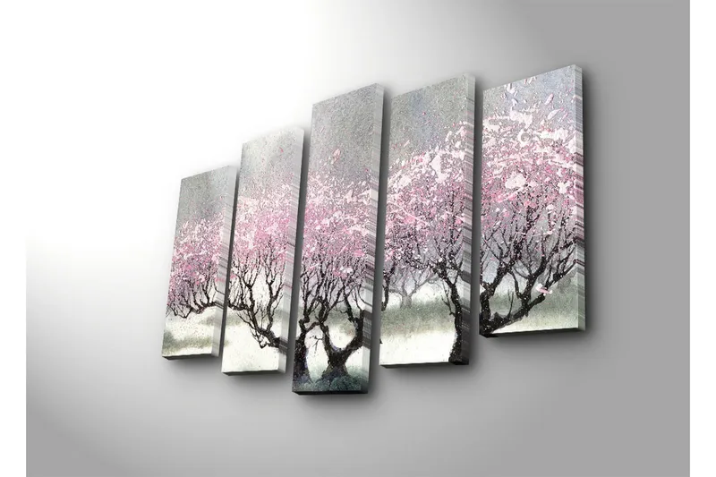 Stort lerretsbilde i 5 deler 105x70 cm - Blomstrende kirsebærtrær i et drømmeaktig landskap - Rosa / Grå / Svart - Interiør - Maleri & posters - Lerretsbilder