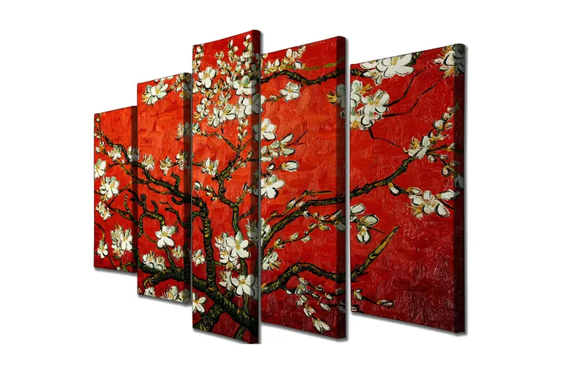 Stort lerretsbilde i 5 deler 105x70 cm - Blomstrende kvist med hvite blomster på rød bakgrunn - Rød / Hvit / Grønn - Interiør - Maleri & posters - Lerretsbilder