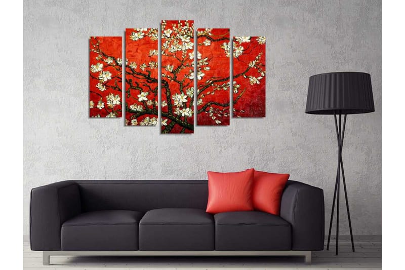 Stort lerretsbilde i 5 deler 105x70 cm - Blomstrende kvist med hvite blomster på rød bakgrunn - Rød / Hvit / Grønn - Interiør - Maleri & posters - Lerretsbilder