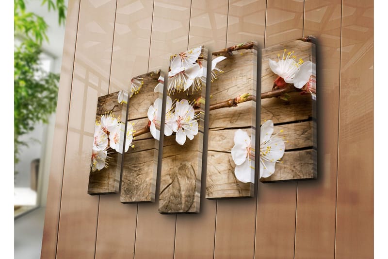 Stort lerretsbilde i 5 deler 105x70 cm - Blomstrende kvister med hvite blomster - Hvit / Gul / Brun - Interiør - Maleri & posters - Lerretsbilder