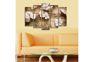Stort lerretsbilde i 5 deler 105x70 cm - Blomstrende kvister med hvite blomster - Hvit / Gul / Brun - Interiør - Maleri & posters - Lerretsbilder