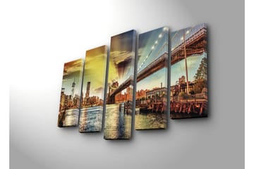 Stort lerretsbilde i 5 deler 105x70 cm - Bysilhuett med Brooklyn Bridge i solnedgangens lys - Gull / Blå / Grønn - Interiør - Maleri & posters - Lerretsbilder