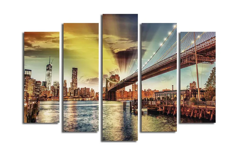 Stort lerretsbilde i 5 deler 105x70 cm - Bysilhuett med Brooklyn Bridge i solnedgangens lys - Gull / Blå / Grønn - Interiør - Maleri & posters - Lerretsbilder