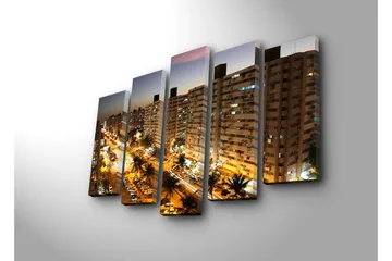 Stort lerretsbilde i 5 deler 105x70 cm - Bysilhuett med nattlys og travel trafikk - Mørk blå / Gull / Grå - Interiør - Maleri & posters - Lerretsbilder