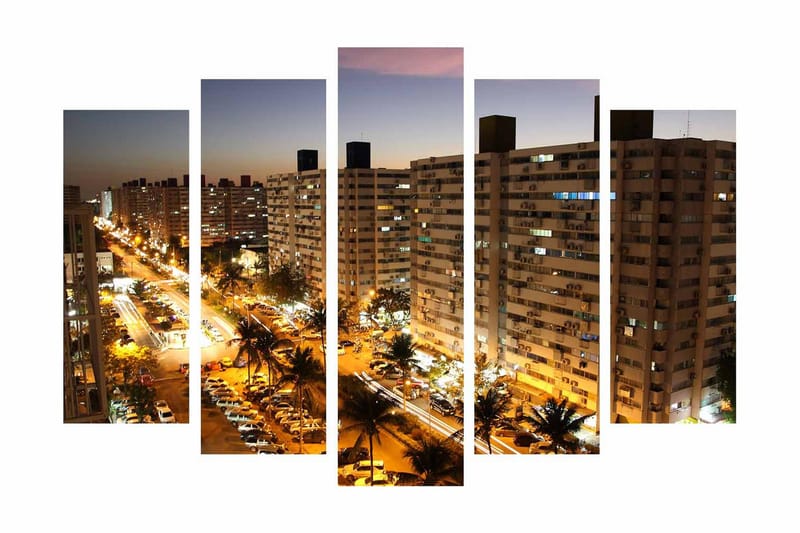 Stort lerretsbilde i 5 deler 105x70 cm - Bysilhuett med nattlys og travel trafikk - Mørk blå / Gull / Grå - Interiør - Maleri & posters - Lerretsbilder