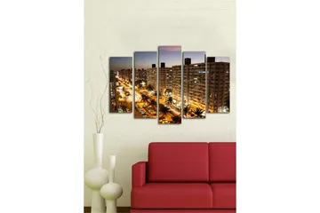 Stort lerretsbilde i 5 deler 105x70 cm - Bysilhuett med nattlys og travel trafikk - Mørk blå / Gull / Grå - Interiør - Maleri & posters - Lerretsbilder