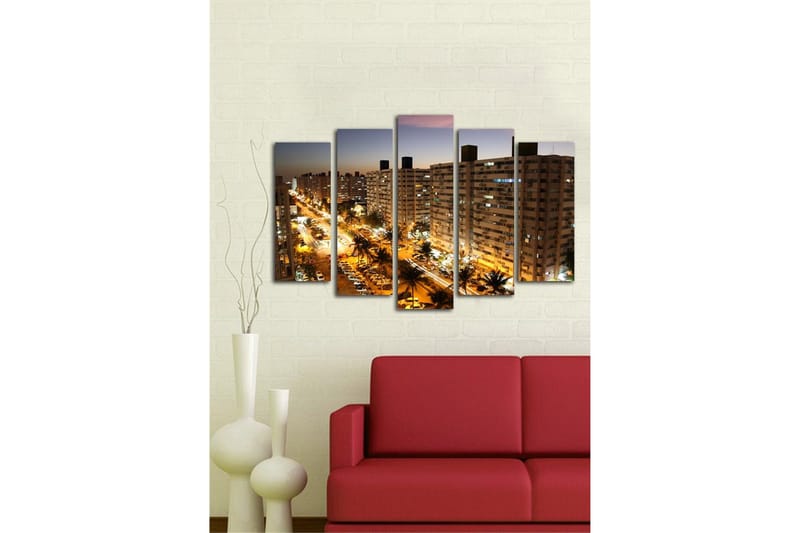 Stort lerretsbilde i 5 deler 105x70 cm - Bysilhuett med nattlys og travel trafikk - Mørk blå / Gull / Grå - Interiør - Maleri & posters - Lerretsbilder