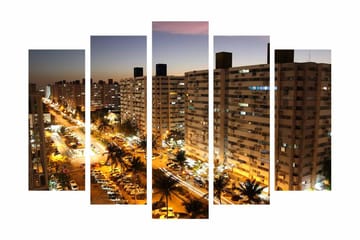 Stort lerretsbilde i 5 deler 105x70 cm - Bysilhuett med nattlys og travel trafikk - Mørk blå / Gull / Grå - Interiør - Maleri & posters - Lerretsbilder