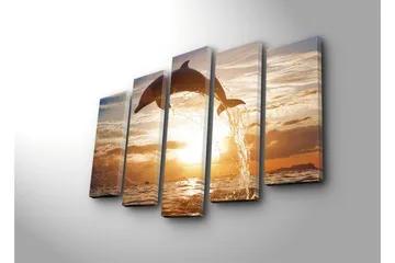 Stort lerretsbilde i 5 deler 105x70 cm - Delfin som hopper gjennom vannet ved solnedgang - Gull / Oransje / Blå - Interiør - Maleri & posters - Lerretsbilder