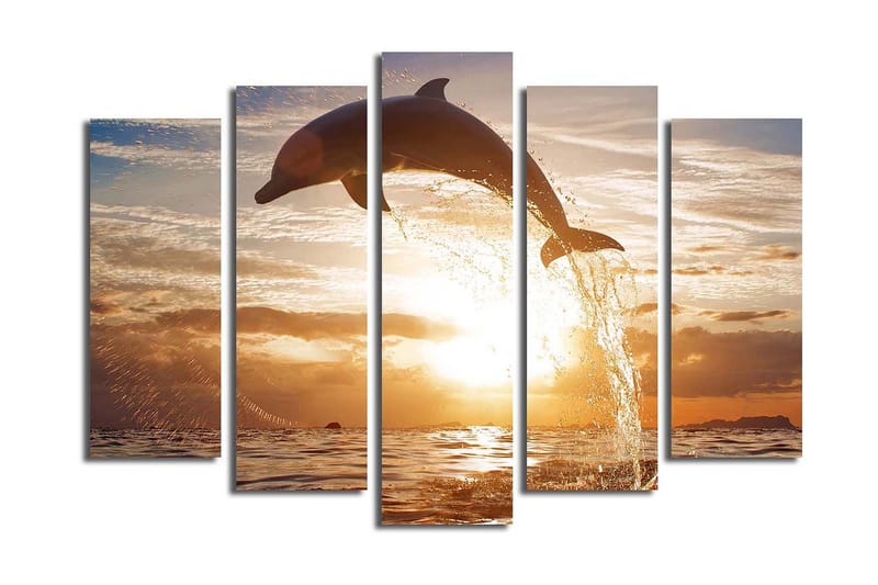 Stort lerretsbilde i 5 deler 105x70 cm - Delfin som hopper gjennom vannet ved solnedgang - Gull / Oransje / Blå - Interiør - Maleri & posters - Lerretsbilder