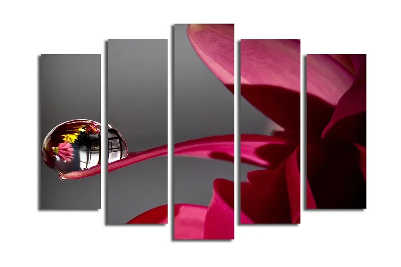 Stort lerretsbilde i 5 deler 105x70 cm - Dråper på en blomst med refleksjoner av omgivelsene - Mørk rød / Rosa / Klar (gjennomsiktig) - Interiør - Maleri & posters - Lerretsbilder
