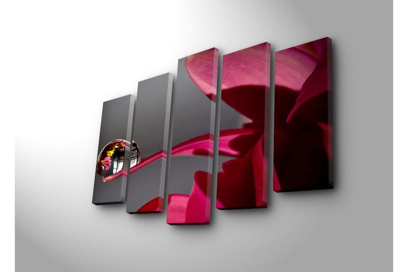 Stort lerretsbilde i 5 deler 105x70 cm - Dråper på en blomst med refleksjoner av omgivelsene - Mørk rød / Rosa / Klar (gjennomsiktig) - Interiør - Maleri & posters - Lerretsbilder