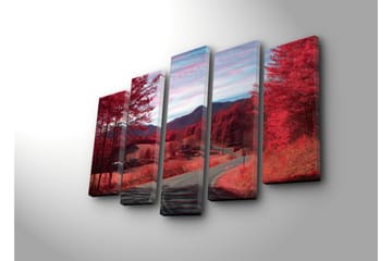 Stort lerretsbilde i 5 deler 105x70 cm - Dramatisk landskap med røde trær og en svingete vei - Rød / Rosa - Interiør - Maleri & posters - Lerretsbilder