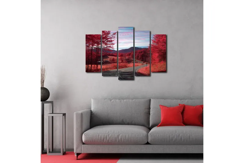 Stort lerretsbilde i 5 deler 105x70 cm - Dramatisk landskap med røde trær og en svingete vei - Rød / Rosa - Interiør - Maleri & posters - Lerretsbilder