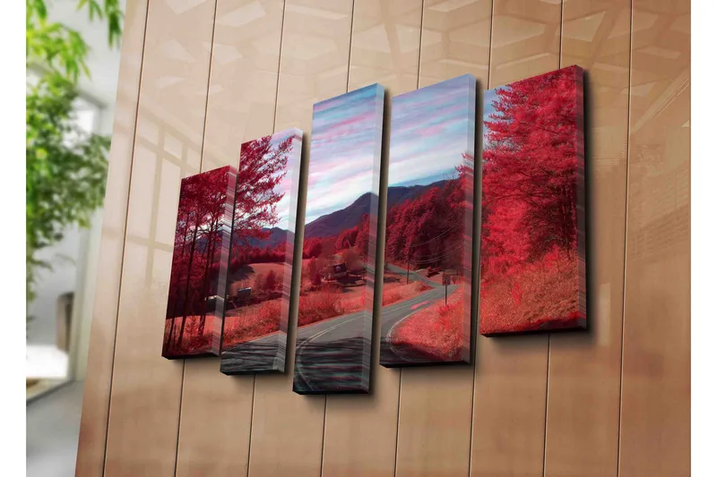 Stort lerretsbilde i 5 deler 105x70 cm - Dramatisk landskap med røde trær og en svingete vei - Rød / Rosa - Interiør - Maleri & posters - Lerretsbilder