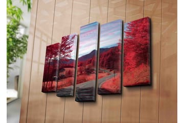 Stort lerretsbilde i 5 deler 105x70 cm - Dramatisk landskap med røde trær og en svingete vei - Rød / Rosa - Interiør - Maleri & posters - Lerretsbilder