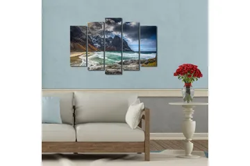 Stort lerretsbilde i 5 deler 105x70 cm - Dramatiske fjell med hav og strand - Mørkegrå / Turkis / Beige - Interiør - Maleri & posters - Lerretsbilder