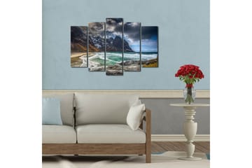 Stort lerretsbilde i 5 deler 105x70 cm - Dramatiske fjell med hav og strand - Mørkegrå / Turkis / Beige - Interiør - Maleri & posters - Lerretsbilder