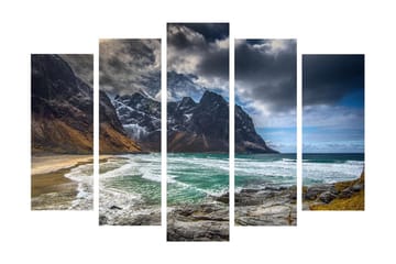 Stort lerretsbilde i 5 deler 105x70 cm - Dramatiske fjell med hav og strand - Mørkegrå / Turkis / Beige - Interiør - Maleri & posters - Lerretsbilder