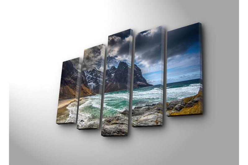 Stort lerretsbilde i 5 deler 105x70 cm - Dramatiske fjell med hav og strand - Mørkegrå / Turkis / Beige - Interiør - Maleri & posters - Lerretsbilder