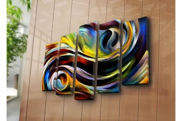 Stort lerretsbilde i 5 deler 105x70 cm - Dynamisk abstrakt komposisjon med svingende linjer og fargede former - Gul / Blå / Rød - Interiør - Maleri & posters - Lerretsbilder
