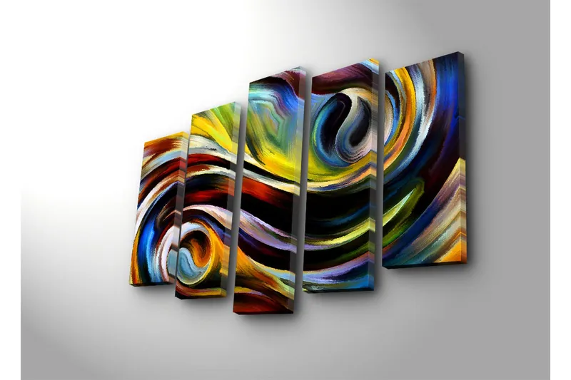 Stort lerretsbilde i 5 deler 105x70 cm - Dynamisk abstrakt komposisjon med svingende linjer og fargede former - Gul / Blå / Rød - Interiør - Maleri & posters - Lerretsbilder