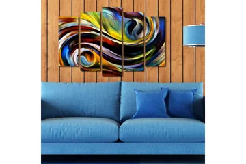 Stort lerretsbilde i 5 deler 105x70 cm - Dynamisk abstrakt komposisjon med svingende linjer og fargede former - Gul / Blå / Rød - Interiør - Maleri & posters - Lerretsbilder