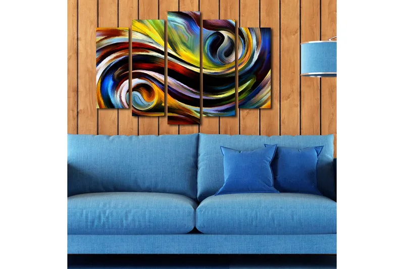 Stort lerretsbilde i 5 deler 105x70 cm - Dynamisk abstrakt komposisjon med svingende linjer og fargede former - Gul / Blå / Rød - Interiør - Maleri & posters - Lerretsbilder