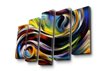 Stort lerretsbilde i 5 deler 105x70 cm - Dynamisk abstrakt komposisjon med svingende linjer og fargede former - Gul / Blå / Rød - Interiør - Maleri & posters - Lerretsbilder