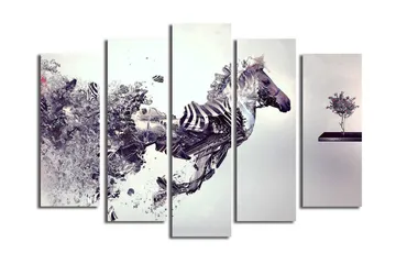 Stort lerretsbilde i 5 deler 105x70 cm - Dynamisk hest i bevegelse med fragmentert struktur - Grå / Svart / Hvit - Interiør - Maleri & posters - Lerretsbilder