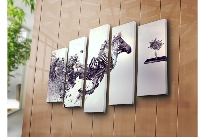 Stort lerretsbilde i 5 deler 105x70 cm - Dynamisk hest i bevegelse med fragmentert struktur - Grå / Svart / Hvit - Interiør - Maleri & posters - Lerretsbilder