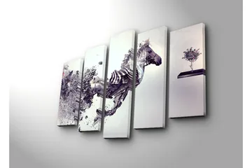 Stort lerretsbilde i 5 deler 105x70 cm - Dynamisk hest i bevegelse med fragmentert struktur - Grå / Svart / Hvit - Interiør - Maleri & posters - Lerretsbilder