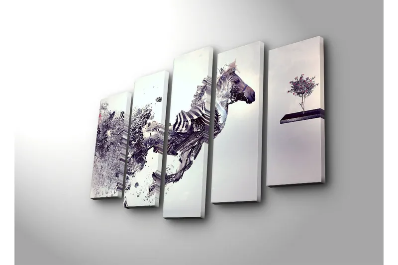 Stort lerretsbilde i 5 deler 105x70 cm - Dynamisk hest i bevegelse med fragmentert struktur - Grå / Svart / Hvit - Interiør - Maleri & posters - Lerretsbilder