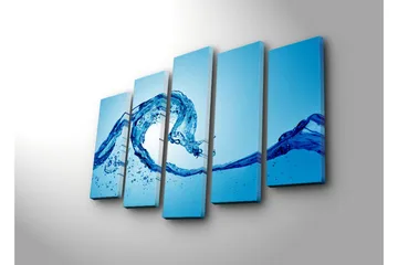 Stort lerretsbilde i 5 deler 105x70 cm - Dynamisk vannbevegelse med plaskende dråper - Blå / Turkis - Interiør - Maleri & posters - Lerretsbilder