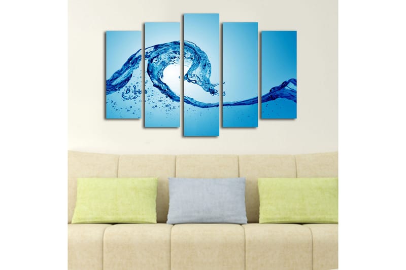 Stort lerretsbilde i 5 deler 105x70 cm - Dynamisk vannbevegelse med plaskende dråper - Blå / Turkis - Interiør - Maleri & posters - Lerretsbilder