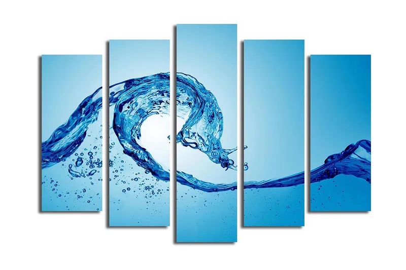 Stort lerretsbilde i 5 deler 105x70 cm - Dynamisk vannbevegelse med plaskende dråper - Blå / Turkis - Interiør - Maleri & posters - Lerretsbilder