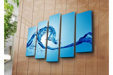 Stort lerretsbilde i 5 deler 105x70 cm - Dynamisk vannbevegelse med plaskende dråper - Blå / Turkis - Interiør - Maleri & posters - Lerretsbilder