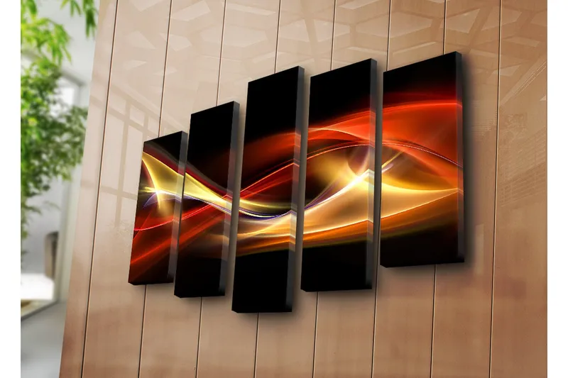Stort lerretsbilde i 5 deler 105x70 cm - Dynamiske lysbølger i røde og gylne nyanser - Rød / Gull / Svart - Interiør - Maleri & posters - Lerretsbilder