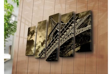 Stort lerretsbilde i 5 deler 105x70 cm - Eiffeltårnet i en dramatisk vinkel under en overskyet himmel - Svart / Brun / Grå - Interiør - Maleri & posters - Lerretsbilder