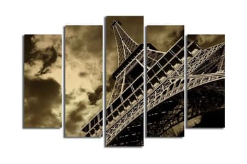 Stort lerretsbilde i 5 deler 105x70 cm - Eiffeltårnet i en dramatisk vinkel under en overskyet himmel - Svart / Brun / Grå - Interiør - Maleri & posters - Lerretsbilder