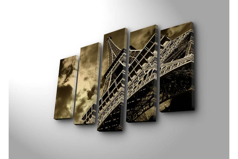 Stort lerretsbilde i 5 deler 105x70 cm - Eiffeltårnet i en dramatisk vinkel under en overskyet himmel - Svart / Brun / Grå - Interiør - Maleri & posters - Lerretsbilder
