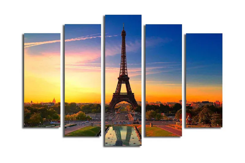 Stort lerretsbilde i 5 deler 105x70 cm - Eiffeltårnet mot en fargerik solnedgang - Oransje / Blå / Grønn - Interiør - Maleri & posters - Lerretsbilder